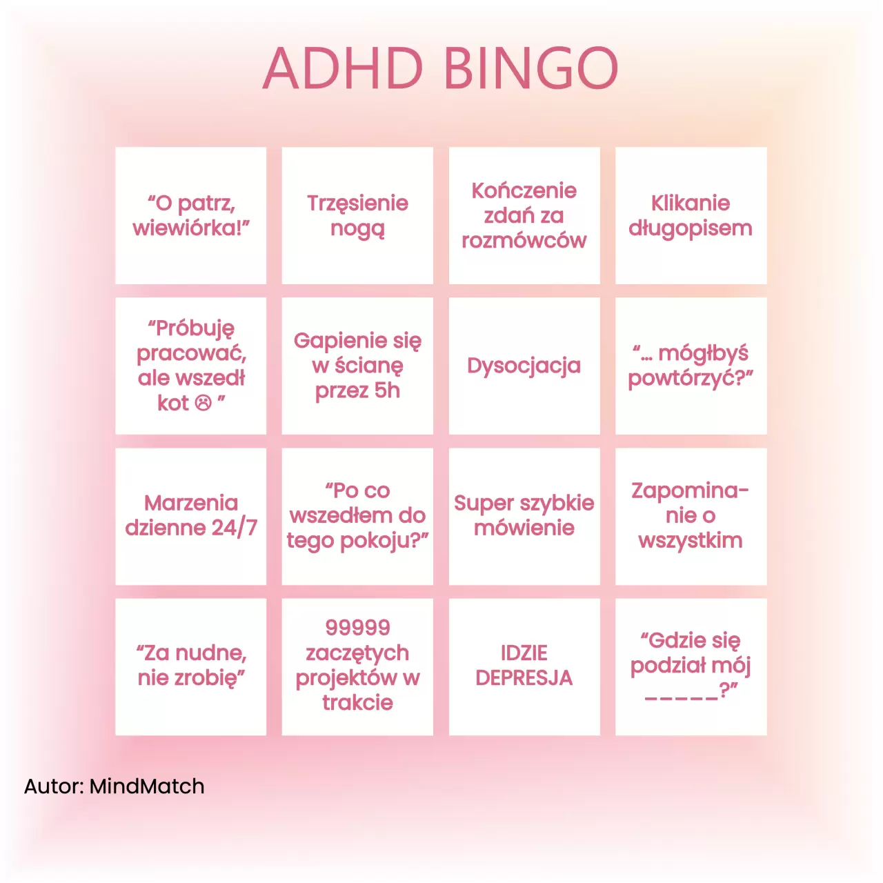 ADHD Objawy Bingo: Jak dużo z tych objawów widzisz w swoim życiu?